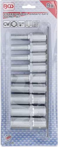 BGS technic 9 részes E-típusú hosszított dugókulcs készlet E10-E24, 1/2" (BGS 2026)