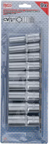 BGS technic Dugókulcsfej készlet hosszú Pro Torque hatszög fejekkel, 1/2”, 10–24 mm, 9 részes (BGS 2223)