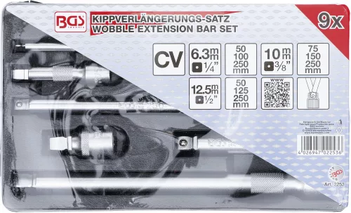 BGS technic Billenő dugókulcs-hosszabbító készlet 1/4”–3/8”–1/2”, 50–250 mm, 9 részes (BGS 2253)