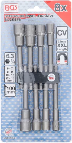 BGS technic Dugókulcsfej készlet fúrógéphez, 1/4”, 6–13 mm, 100 mm hosszú, 8 részes (BGS 2759)
