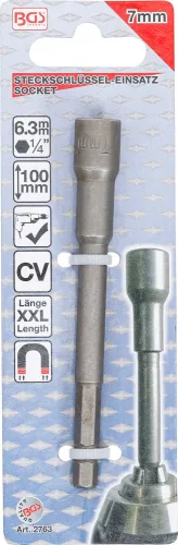 BGS technic Extra hosszú dugófej, 7 mm-es, 6 lapos fej - fúróba fogható, 6 lapos szár (BGS 2763)