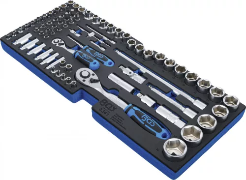 BGS technic Szerszámtálca a BGS 3312 szerszámosládához: 77 részes 1/2" és 1/4" dugókulcs fej, bitfej és hajtószár készlettel (BGS 3341)