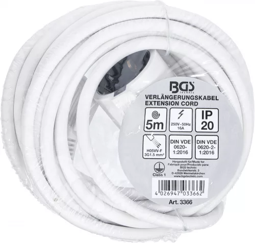 BGS technic Hosszabbítókábel | 5 m | 3 x 1,5 mm² | IP 20 (BGS 3366)