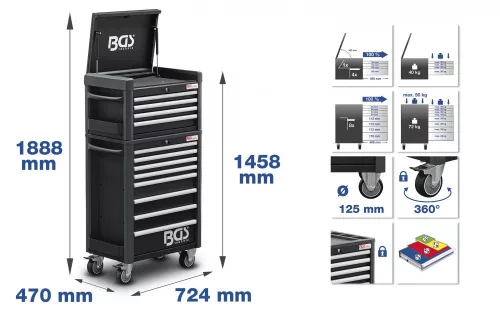 BGS technic Szerszámkocsi „Profi Standard Maxi” 12 fiókkal, 263 szerszámmal (BGS 4088)