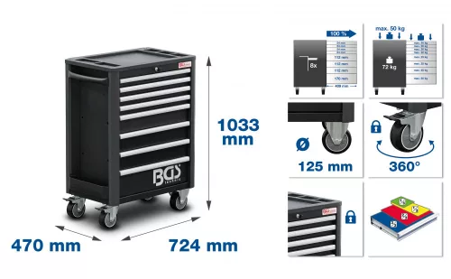 BGS technic Szerszámkocsi 8 fiókkal, 724 × 470 × 1033 mm, üres kivitel (BGS 4111)