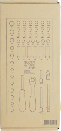 BGS technic 1/3 Szerszámtálca szerszámkocsihoz: 50 részes dugókulcs és hajtószár készlettel,1/4" (BGS 4127)