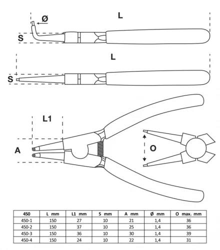 BGS technic Seeger gyűrű fogó készlet 4 részes, 150mm (BGS 450)