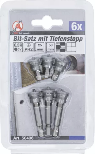 BGS DIY 1/4" Bitkészlet mélységi ütközővel, csavarok süllyesztett behajtásához | gipszkarton falhoz | csillag PH2 | 6 darabos (BGS 50406)