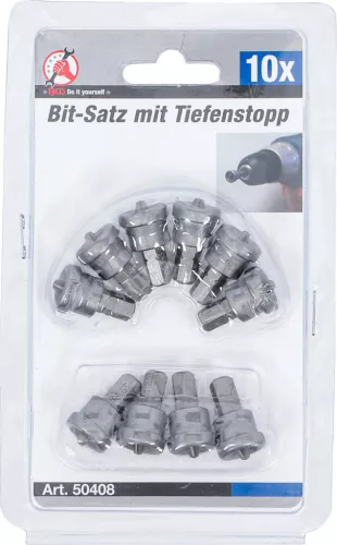 BGS DIY 1/4" Bitkészlet mélységi ütközővel, csavarok süllyesztett behajtásához | gipszkarton falhoz | csillag PH2 | 10 darabos (BGS 50408)