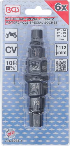 BGS technic 3/8" Speciális Motorkerékpár dugókulcs fej | 12 - 24 mm (BGS 5058-1)