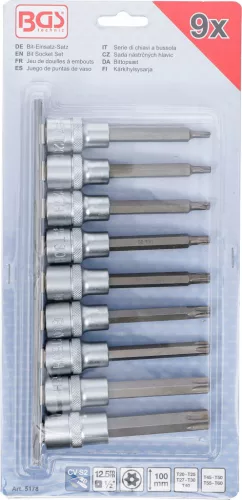 BGS technic Bitfej készlet, 1/2", T-profil (Torx) furattal, 9 darabos (5178)
