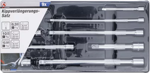 BGS DIY 9 részes 1/4", 3/8", 1/2"-os hosszabító szár készlet dugókulcshoz, billenő fejjel (BGS 6113)