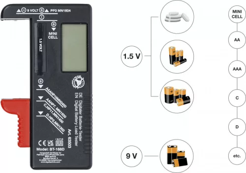 BGS DIY Digitális akkuvizsgáló | 1,5 V / 9 V (63503)