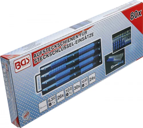 BGS technic Dugókulcstartó sín készlet dugókulcsbetétekhez | 80 kapoccsal | 6,3 mm (1/4"), 10 mm (3/8"), 12,5 mm (1/2") betétekhez (BGS 6871)