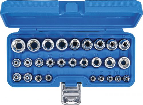 BGS technic Dugókulcs-készlet, E-profil | 6,3 mm (1/4") / 12,5 mm (1/2") meghajtás | E4 - E24 | 28 db. (BGS 70099)