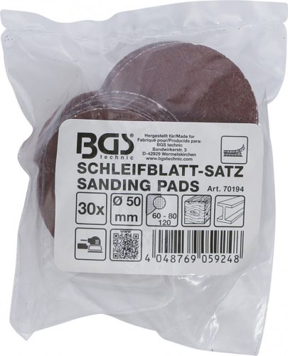 BGS technic Csiszolópapír excenteres csiszolóhoz | Ø 50 mm | K 60 - 80 - 120 | 30 darabos (BGS 70194)