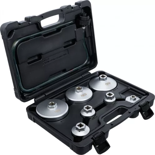 BGS technic Olajszűrőkulcs készlet leeresztő tömlővel, VAG, BMW, Citroën, Peugeot, Ford, Mercedes-Benz, Opel, Volvo, 8 darabos (BGS 72054)