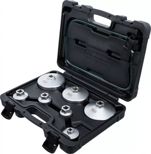 BGS technic Olajszűrőkulcs készlet leeresztő tömlővel, VAG, BMW, Citroën, Peugeot, Ford, Mercedes-Benz, Opel, Volvo, 8 darabos (BGS 72054)