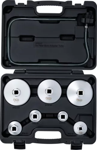 BGS technic Olajszűrőkulcs készlet leeresztő tömlővel, VAG, BMW, Citroën, Peugeot, Ford, Mercedes-Benz, Opel, Volvo, 8 darabos (BGS 72054)