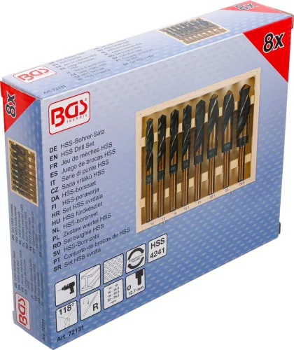BGS technic HSS fúrószár készlet 14–25,5 mm, 8 részes, fa dobozban (BGS 72131)