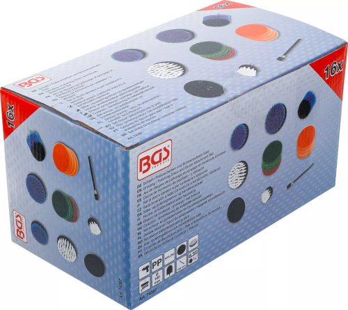 BGS technic Csiszoló-, simítókorong és kefefeltét-készlet | fúrógépekhez | 16 darabos (74367)