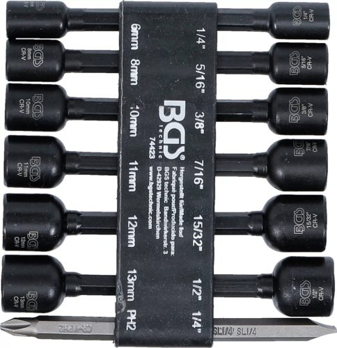 BGS technic Dugókulcskészlet, hatszögletű | Külső hatszögletű 6,3 mm (1/4") | Fúrógépek | 1/4 - 1/2", 6 - 13 mm | 14 darabos (74423)