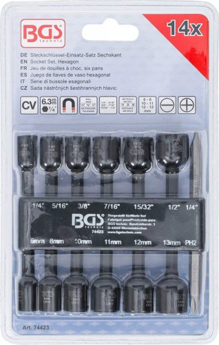 BGS technic Dugókulcskészlet, hatszögletű | Külső hatszögletű 6,3 mm (1/4") | Fúrógépek | 1/4 - 1/2", 6 - 13 mm | 14 darabos (74423)