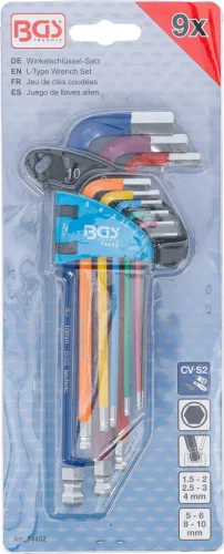 BGS technic Derékszögű kulcs készlet | több színű | belső hatszögletű gömbfejes 1,5 - 10 mm | 9 darabos (BGS 74452)