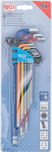 BGS technic Derékszögű kulcs készlet | több színű | extra hosszú | belső hatszögletű gömbfejes 1,5 - 10 mm | 9 darabos (BGS 74453)