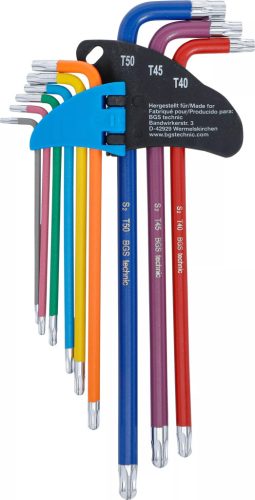 BGS technic Derékszögű kulcs készlet | több színű | extra hosszú | T-profil (Torx) furattal és gömbfejjel T10 - T50 | 9 darabos (74465)