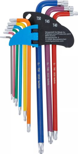 BGS technic Derékszögű kulcs készlet | több színű | extra hosszú | T-profil (Torx) gömbfejes T10 - T50 | 9 darabos (74468)