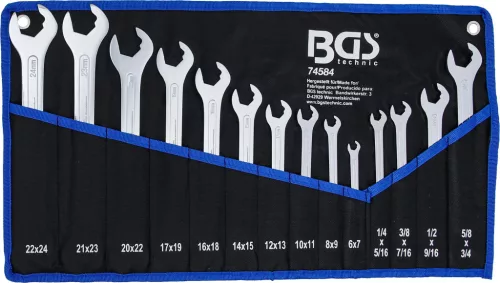 BGS technic Villáskulcs készlet speciális mechanikai racsnis pofával, extra lapos, 6–24 mm és colos 1/4”–3/4”, 14 részes (BGS 74584)