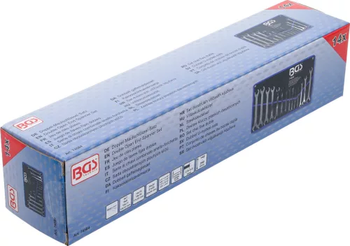 BGS technic Villáskulcs készlet speciális mechanikai racsnis pofával, extra lapos, 6–24 mm és colos 1/4”–3/4”, 14 részes (BGS 74584)
