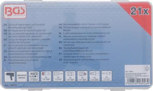 BGS technic Pneumatikus gyorscsatlakozó és csatlakozódugó készlet 1/4” BSP, sárgaréz, 21 részes (BGS 74675)