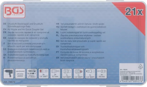 BGS technic Pneumatikus gyorscsatlakozó és csatlakozódugó készlet 1/4” BSPT, krómozott acél, 21 részes (BGS 74676)