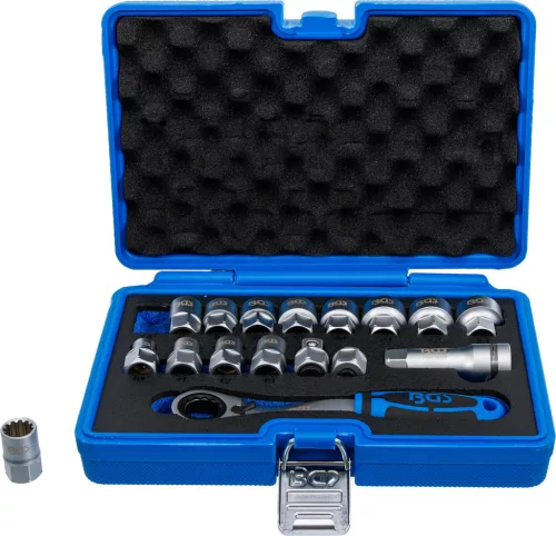 BGS technic Dugókulcs készlet átmenő racsnival, Gear Lock többprofilos fejekkel, 10–24 mm, 17 részes (BGS 74712)