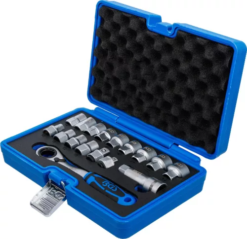 BGS technic Dugókulcs készlet átmenő racsnival, Gear Lock többprofilos fejekkel, 10–24 mm, 17 részes (BGS 74712)