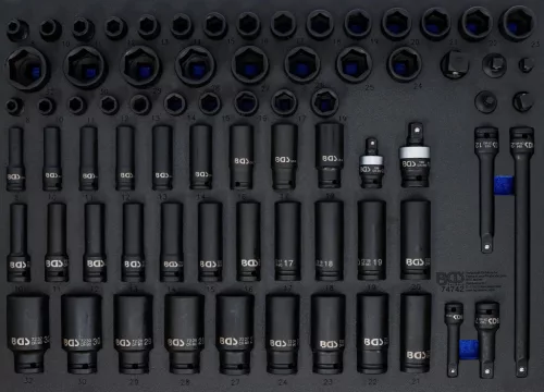 BGS technic Gépi pneumatikus dugókulcs készlet 3/8” és 1/2”, 8–32 mm, hosszú és normál fejekkel, 73 részes (BGS 74742)