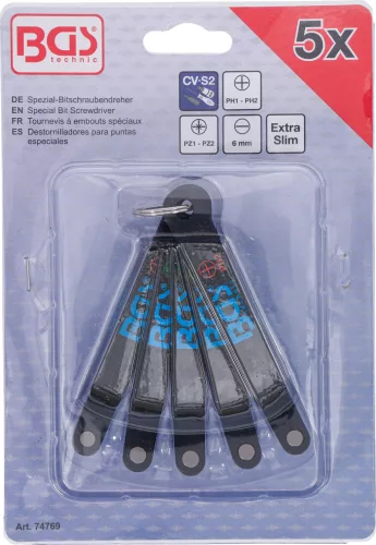 BGS technic Extra lapos csavarhúzó bit készlet szűk helyekhez, PH / PZ és lapos profilokkal, 5 részes (BGS 74769)