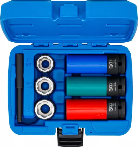 BGS technic Spirálbites dugókulcsbetét készlet/ csavarkiszedő és légkulcsfej-készlet, 1/2", 17 / 19 / 21 mm, 7 darabos (7510)