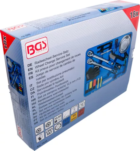 BGS technic Kerékcsere szervizkészlet 1/2”, 40–210 Nm nyomatékkulccsal és 17–21 mm felnikímélő gépi dugókulcsokkal, 18 részes (BGS 7535)