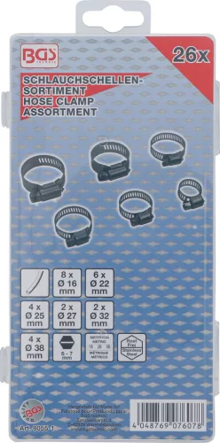 BGS technic Tömlőbilincs készlet, rozsdamentes, Ø 16-38 mm, 26 darabos (BGS 8055-1)