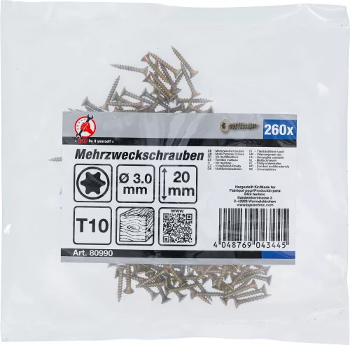 BGS DIY Univerzális csavar T10 (Torx) meghajtással, 3 × 20 mm, horganyzott, 260 db (BGS 80990)