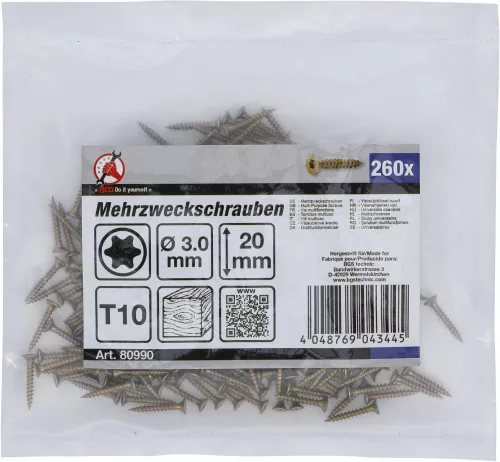BGS DIY Univerzális csavar T10 (Torx) meghajtással, 3 × 20 mm, horganyzott, 260 db (BGS 80990)