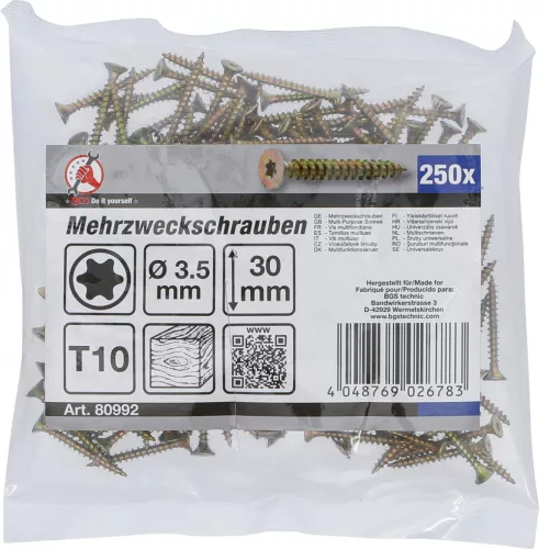BGS DIY Univerzális csavar T10 (Torx) meghajtással, 3,5 × 30 mm, horganyzott, 250 db (BGS 80992)