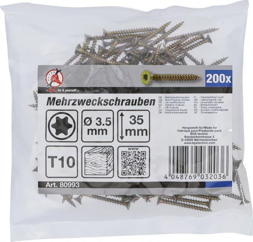 BGS DIY Univerzális csavar T10 (Torx) meghajtással, 3,5 × 35 mm, horganyzott, 200 db (BGS 80993)