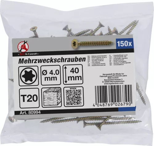 BGS DIY Univerzális csavar T20 (Torx) meghajtással, 4 × 40 mm, horganyzott, 150 db (BGS 80994)