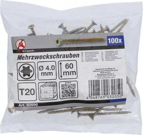BGS DIY Univerzális csavar T20 (Torx) meghajtással, 4 × 60 mm, 100 db (BGS 80996)