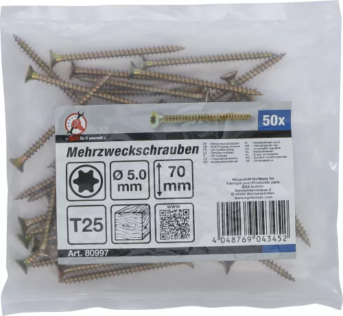 BGS DIY Univerzális csavar T25 (Torx) meghajtással, 5 × 70 mm, horganyzott, 50 db (BGS 80997)