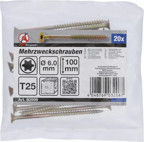 BGS DIY Univerzális csavar T25 (Torx) meghajtással, 6 × 100 mm, horganyzott, 20 db (BGS 80999)